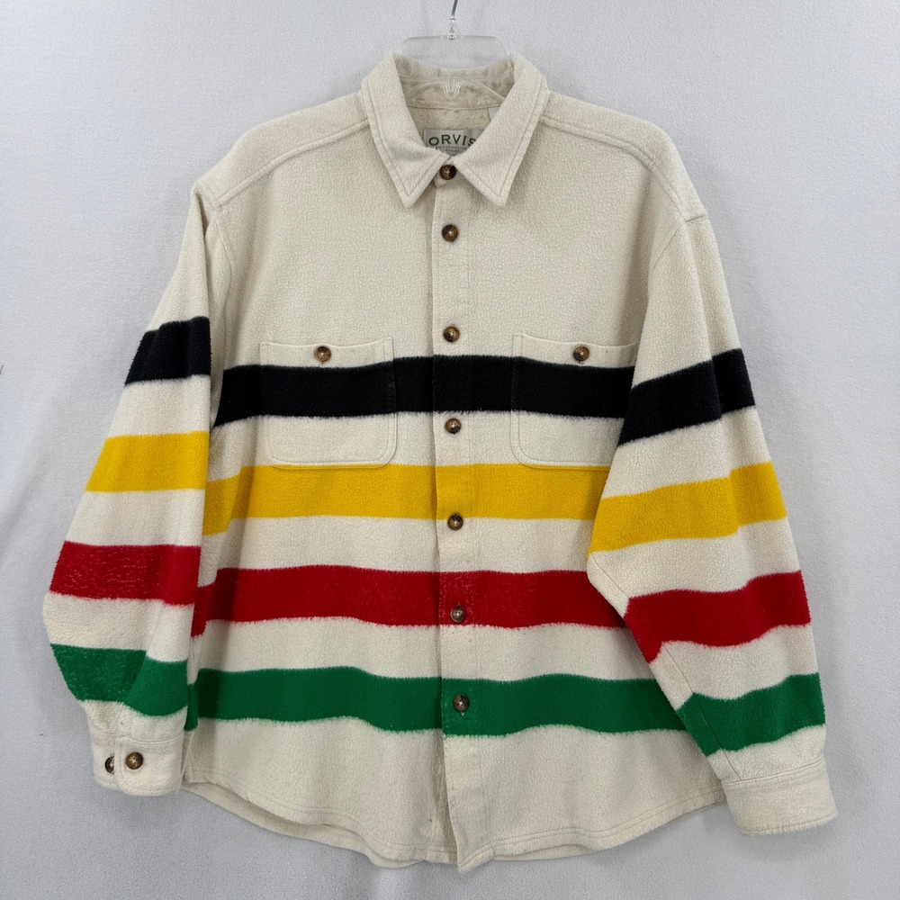 Orvis Fleece Hudson Bay Shacket Mens Large Cream Multi Color Stripe Button Up